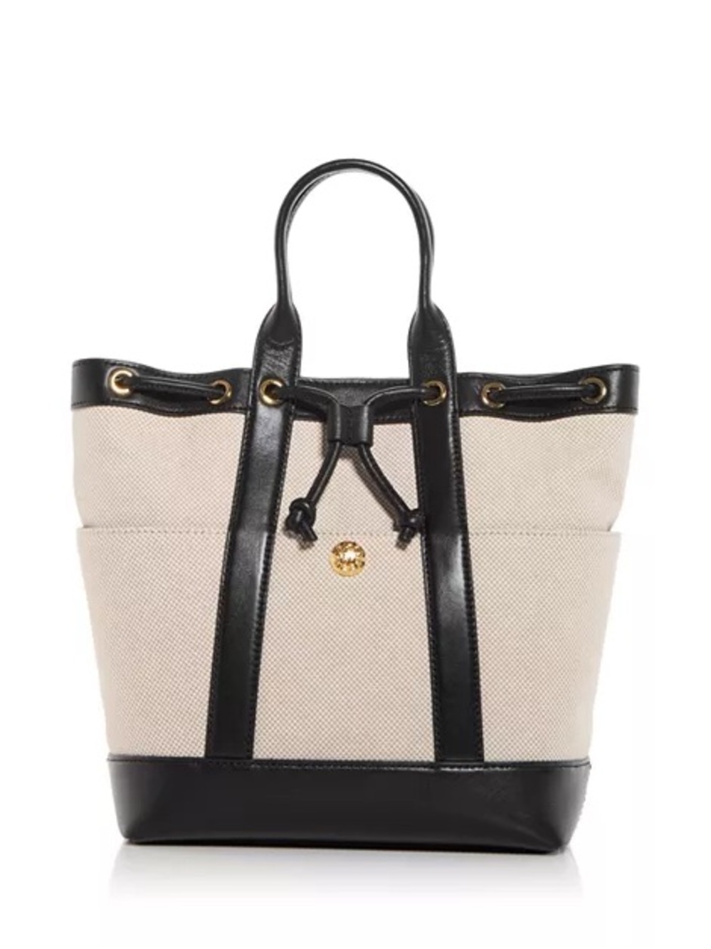 Veronica Beard Canvas Drawstring Tote Bag with Black Leather Trim
